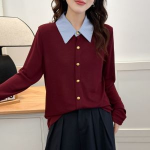 เสื้อคาร์ดิแกนถักคอโปโลแขนยาวสไตล์เกาหลีสำหรับผู้หญิงไซส์ใหญ่ ทรงหลวม ปกติ ฤดูใบไม้ผลิ 2025 ผ้าโพลีเอสเตอร์