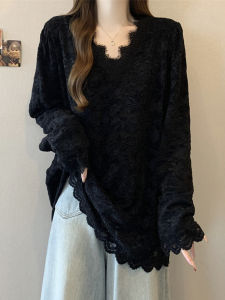 Womens V-Neck Mid-Length Lace Base Shirt plus Size Inner Wear Fashionable Spring Autumn New Style Belly Cover Top