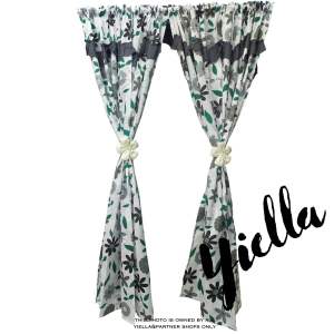 2 pcs big curtain & 2 pcs cute flower tie - Standard Size Black & Gray Coor for Window or Door Curtains 60x70 inches or 6ft Geena Fabric
