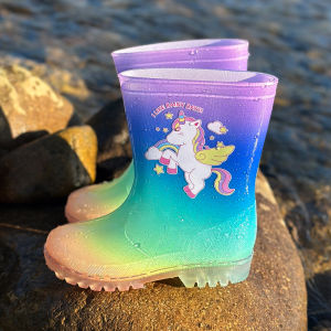 Kids’ Outdoor Cute Cartoon Rainbow Unicorn Glitter PVC Rain Boots - Waterproof Anti-slip Water Shoes - Wear-Resistant Easy to