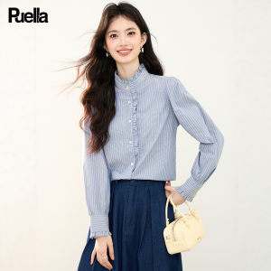 puella | Spring French Design Light Mature Style Blue Striped Lace Collar Shirt