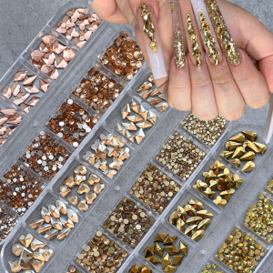 12Grids 3D Gold/Champagne Nail Art Rhinestones Mixed-Shapes Flat-Back Glass Diamonds Nails Charms Luxury DIY Manicure Decoration