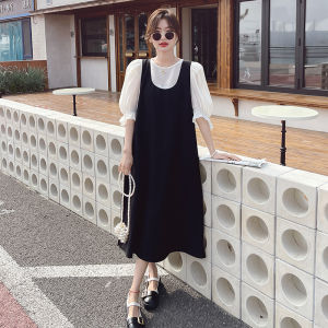 French Sweet Black Strap Dress Women Summer 2025 New Retro Gentle Bubble Sleeve Set Long Dress A-Line Skirt Short Sleeve round Neck