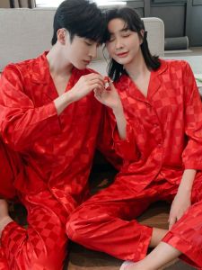Couples Sleepwear Ice Silk Home Clothes Red Set Women's Long Sleeve Button Decorated Luxury Style Spring Summer New Arrival