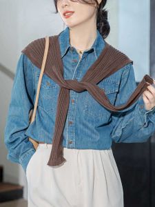 สีน้ําเงิน เดนิม เสื้อเชิ้ต ผู้หญิง หลวม แขนยาว ฤดูใบไม้ร่วง ฤดูหนาว เลเยอร์ ดีไซน์ พรางหุ่น สไตล์ฮ่องกงวินเทจ ลำลอง แฟชั่น เสื้อท่อนบน