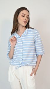 QUEENTIN Kemeja Wanita Serut 0185 Katun Yarndyed Motif Salur Lengan Pendek