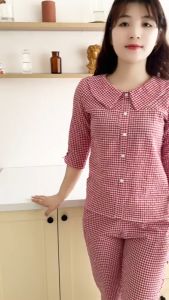 Đồ bộ mặc nhà nữ (Bunnysky) Mẫu quần áo thiết kế cổ nhọn 5 khuy phom dáng đẹp