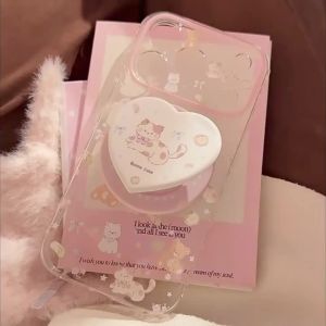 Korean Love Heart Cartoon Kitten Magnetic Bracket Phone Case For iPhone 17 16 15 14 13 11 12 Pro Max Clear Shockproof Soft Cover