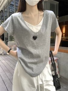 QIAOCHENXIAN | Laid-back Fake Two-Piece V-Neck T-Shirt