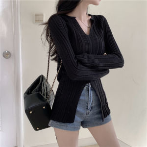เสื้อชั้นในถักทรงเข้ารูปคอวี สำหรับผู้หญิง ฤดูใบไม้ร่วง 2024 เส้นใยขนสัตว์เนื้อนุ่ม สไตล์เกาหลี ปกติ แขนยาว เสื้อชั้นในถักเนื้อนุ่ม