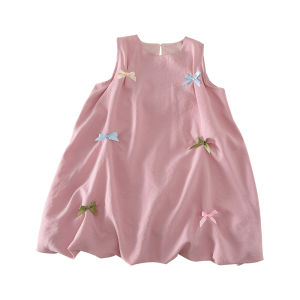 Menoea Baby Girl Summer Sweet Cute Pink Clothes Fashion Sleeveless Bow Decoration Princess Dress Birthday Party Childrens Casual Clothing