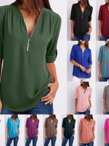 Summer 2025 Womens Chiffon Blouse Tops Long Sleeve V-Neck Loose Fit Commute Style Solid Color Polyester Fiber Ladies Shirts