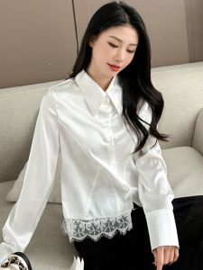 Silk Womens Shirt Fashionable Mulberry Silk White Long Sleeve Satin Patchwork High Quality Spring Summer Heavy Top