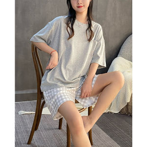 2024 New Summer Couple Sleepwear Womens Pure Cotton Short Sleeve Mens Thin Plaid Pants Home Clothes round Neck Print Home Leisure