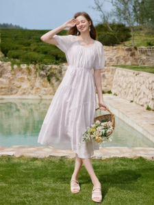 XIANGYING | Pleated Embroidered Fitted Light Purple Dress