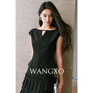 WANGXO | Bộ Áo Cổ V Tay Ngắn Dáng Thuyền và Chân Váy Xếp Ly