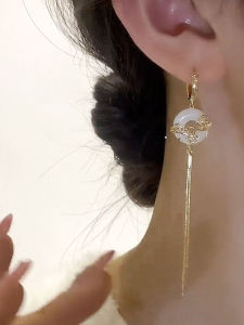 Elegant Long Tassel Safety Buckle Drop Earrings Womens Fashion Jewelry Fresh out Alloy Embedded Artificial Gemstone Hoops