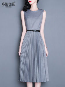 Gray A-Line Midi Dress Pleated Slim Fit Sleeveless Spring Autumn New Style Elegant Lady Commute Dress City Casual Date Dress
