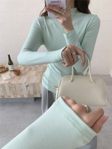 Mint Green Fleece Lined Brushed Womens Slim Fit Base Shirt Korean Style Design Casual Long Sleeve T-Shirt Comfortable Breathable