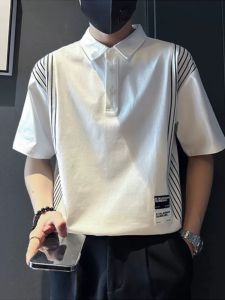 Stylish Patchwork Short-Sleeved Polo Shirt Mens Trendy Summer Stripes Lapel Half Sleeve T-Shirt Menswear T-shirt Top Clothes