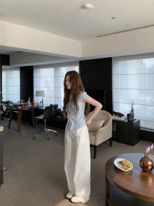 VKSOD | ชุดเสื้อเชิ้ตแขนสั้นคอวีเอวสูง กางเกงขายาวทรงหลวมสบายๆ สำหรับผู้หญิงในช่วงฤดูร้อน สไตล์เกาหลี Pure Desire Trend