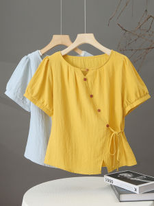 เสื้อเชิ้ตแขนสั้นทรงเข้ารูปสไตล์เกาหลีสำหรับผู้หญิงในช่วงฤดูร้อนปี 2025 ทรงเข้ารูปเอวเข้ารูป เสื้อเชิ้ตคอโปโลผู้หญิง