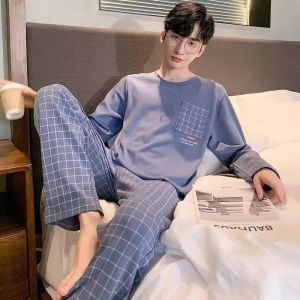 Mens Pure Cotton Long Sleeve Sleepwear Set Spring Autumn Casual Home Wear Comfortable Breathable Youthful Print Design