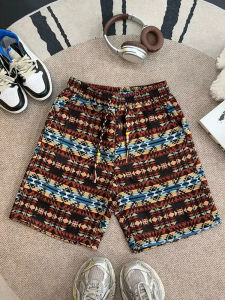 Quần Short Dệt Kim Nam Mùa Hè Thiết Kế Hoa Phong Cách Dân Tộc Thể Thao Thường Ngày Quần Dài Năm Inch Quần Ống Đứng Cạp Vừa