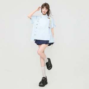 KEIKO | Embroidered Short Sleeve Delicate Stand Collar Stylish Blouse