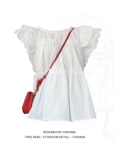 Loose Casual French Style Shirt Women Summer plus Size Sweet Lace Trim Small Fly Sleeve Pure Color round Neck Single Piece