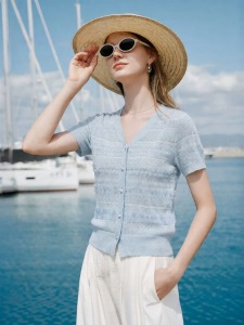 XIANGYING | V-Neck Waist-Slimming Knit Short Sleeve Top