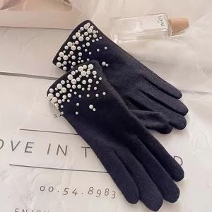 Premium Women Autumn Winter Warm Thickened Touch Screen Cashmere Pearl Gloves High Grade Fleece Lined for Outdoor Cycling