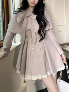 plus Size Womens Elegant Autumn Winter Two-Piece Set with Shawl Cocoon Coat Waist-Cinching Suit Dress Butterfly Knot Detail