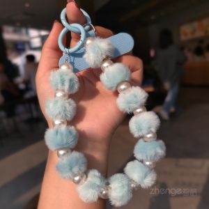 Furry Pearl Hand Chain Mobile Phone Strap Winter Style Key Holder Anti-Loss Lanyard Cute Small Ball Pendant Womens New Model