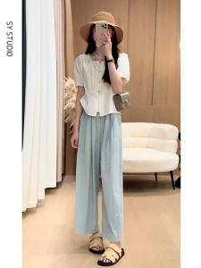 Summer Fashion Casual Pants Set High Waist Straight Leg Design Sensation Elegant Top Beautiful Nine Points Polyester Fiber