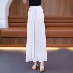 White Ice Silk Chiffon Wide Leg Pants Womens High Waist Casual Spring Summer Small Size Nine Points Slimming Pants