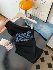 GUZILIAN | American Hot Girl Summer New Style Irregular Sleeveless Letter Print Waist-Cinched Shoulder-Off Top Korean Commute Style