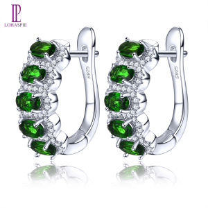 Lohaspie เครื่องประดับแท้3กะรัต925ไดออปไซด์โครเมี่ยมธรรมชาติแท้ต่างหูห่วงอัญมณีตัดรูปไข่ต่างหูหินวันเกิดสำหรับผู้หญิงต่างหู
