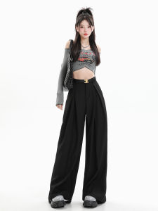 Quần Ống Rộng Màu Đen Cạp Cao Thường Ngày Cho Nữ Quần Ống Đứng Rộng Rãi Đa Năng Dài Đến Sàn Quần Tây Ống Rộng