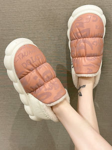 รองเท้าแตะผู้หญิงในร่มฤดูหนาวแบบมีขนแกะกันลื่น ด้านหน้าแบบหุ้มเต้า ส้นสูง รองเท้าแตะพื้นหนา พื้นรองเท้า EVA ส่วนบนเป็นผ้าฝ้ายผสม