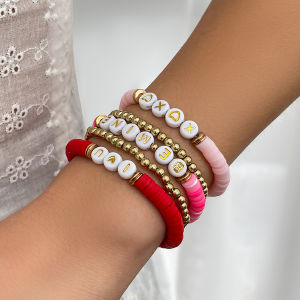 Salircon 5pcs/set Trendy Peach Heart Lips Charm Bracelet for Women Romantic Pink Red Soft Ceramic Bracelet Valentines Day Gift