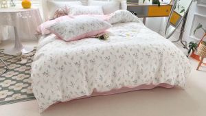 4 in 1 Full Garterized Bedding Set with Garterized Bed Sheet Duvet Cover Pillowcase Fitted Sheet Comforter Cover