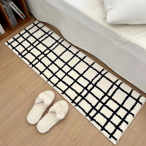 VIKAMA Irregular Plush Grid Runner Rug Non Slip Soft Long Bedside Floor Mat Minimalist Black White Bedroom Home Decor Carpet
