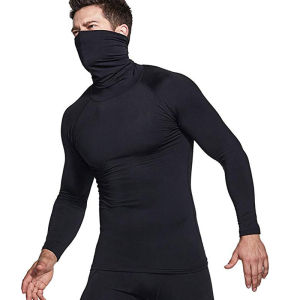 Trendy Men Turtleneck T-shirt Long Sleeves Sun-Proof Face Cover Tops Sports Sweat-Absorbent Workout Clothes Muscle Close-Fitting Bodysuit