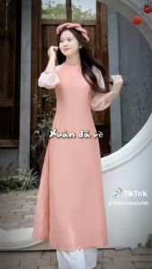 Áo Dài Cách Tân Cổ Tròn Tay Lỡ May Sẵn Áo Dài Tết Phối Tay Voan Bồng Chun Kèm Mấn Xoắn Cao Cấp