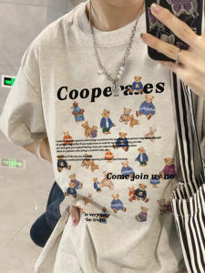 Pure Cotton American Retro Bear Short Sleeve T-Shirt Womens Summer 2024 New Arrival Oversize Design Blouse