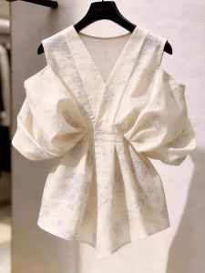 XUECAIQI | Lace V-Neck Puff Sleeve Off-Shoulder Blouse Summer Loose Waist-Cinching