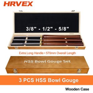 3Pcs HSS 4341 Bowl Gouge Set 570mm Extra Long Handle Wood Lathe Turning Tools 3/8" 1/2" 5/8" Spindle Gouges with Premium Wooden Storage Box HRC 58-63 Hardness Woodworking Lathe Carving Chisels