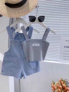 Girls Summer 2024 Trendy Two-Piece Set Strap Pants Versatile Top Bottoms Korean Style Silk Blend Child Clothing Ensemble