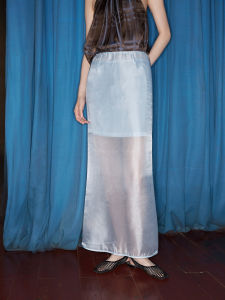 Fashionable Blue Transparent Mesh Splice Design One-Step Half Skirt for Women Summer Style Natural Waist Midi Skirt Pure Color